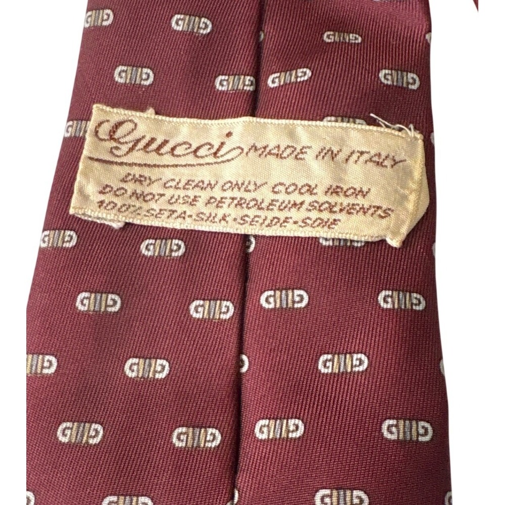 VTG‎ Gucci Burgundy Logo Silk Tie Made in Italy All-Over G Pattern Necktie - Picture 3 of 6